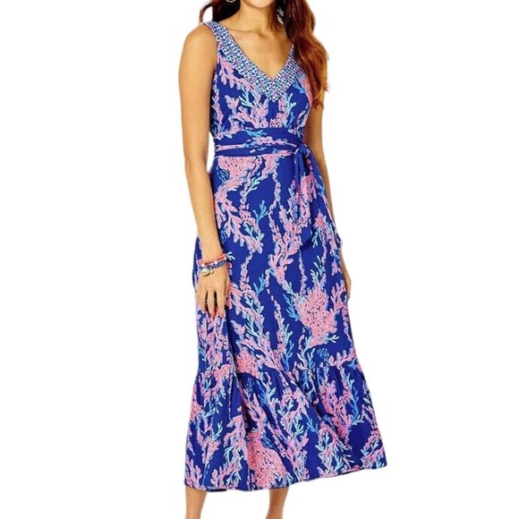Lilly Pulitzer Madsen Midi Dress in Borealis Blue/Swim on Over- Size XL - Picture 2 of 10